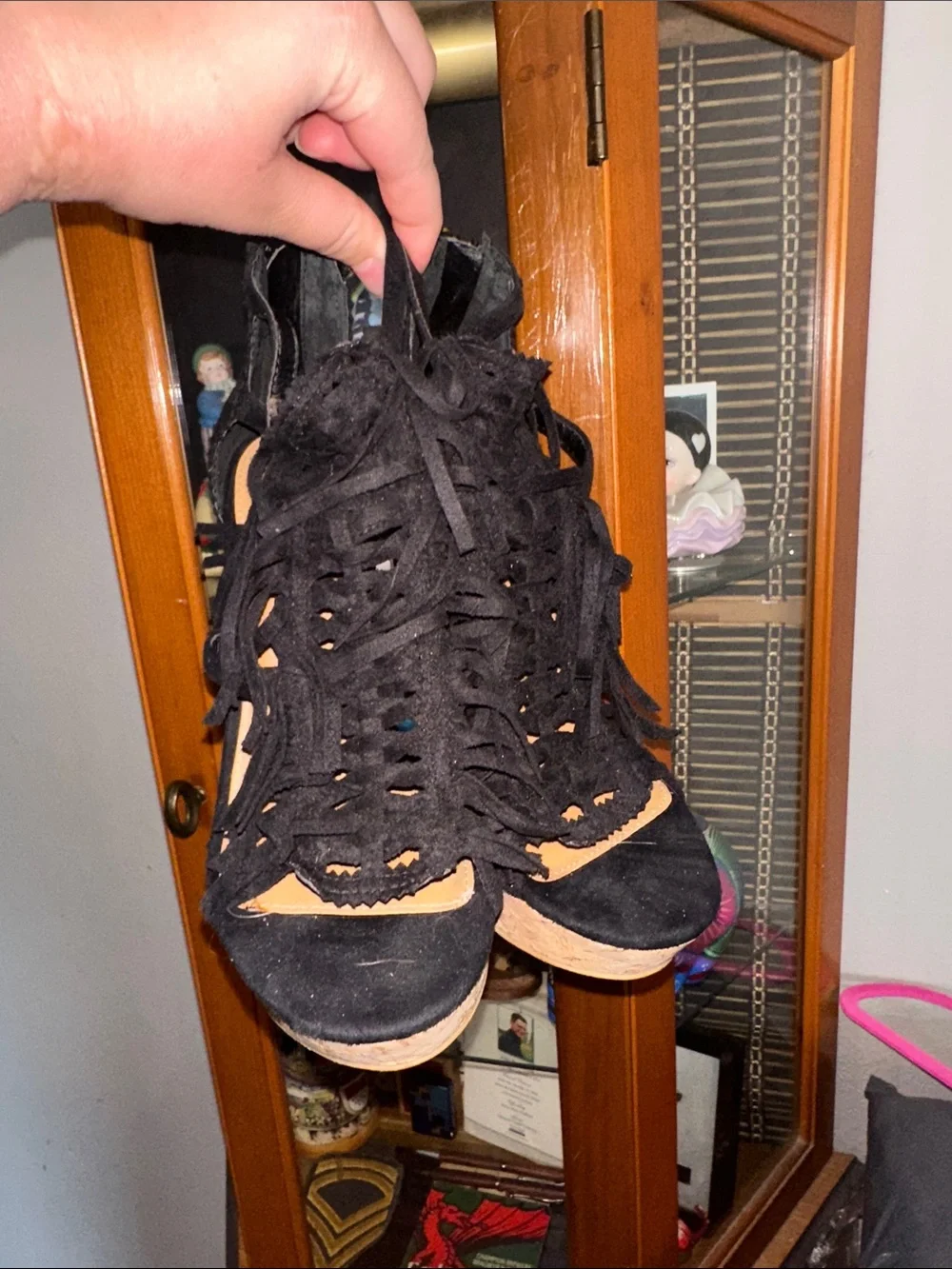 Not Rated Black Suede Fringe Cork Wedge Sandals